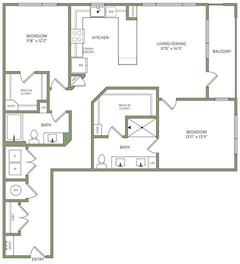 Floor plan for 2 beds, 2 baths, 1254 sqft